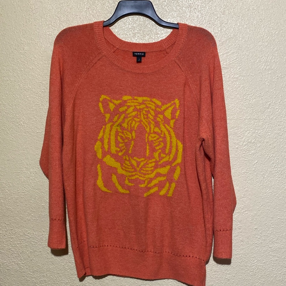 Torrid Sweater 2X Orange Yellow Tiger Face Stretchy Pullover Polyester Acrylic